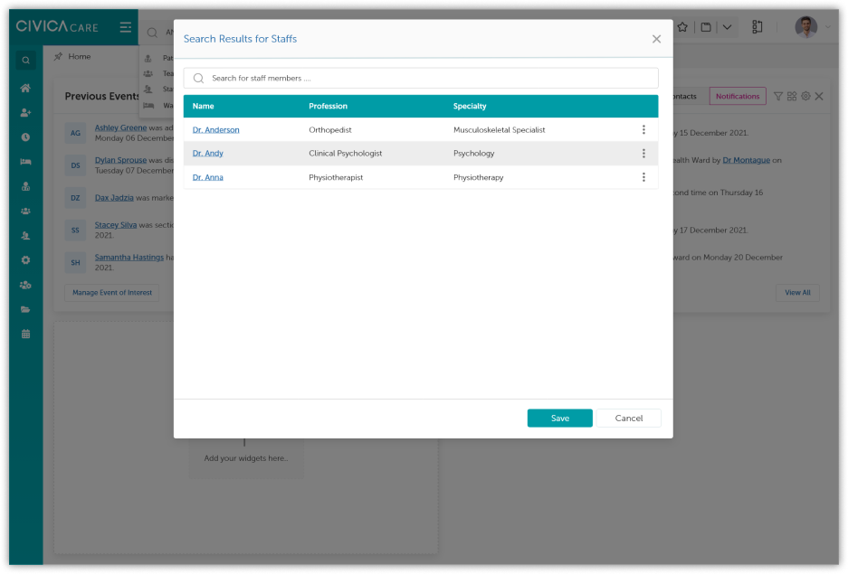 Dashboard search results screen
