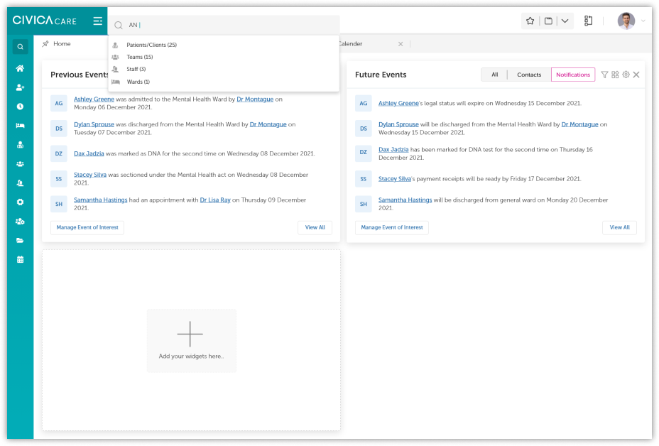Dashboard search screen