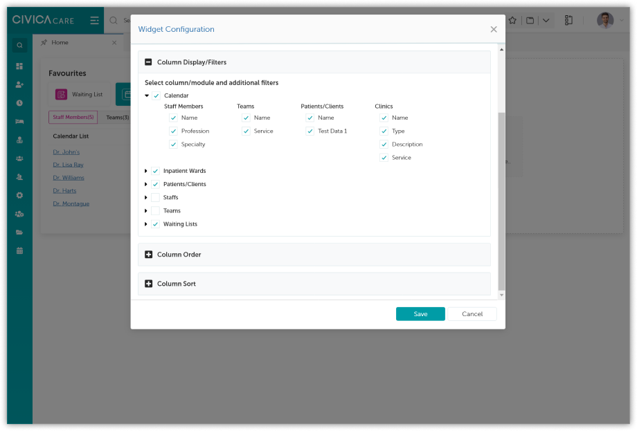 Dashboard widget configuration screen