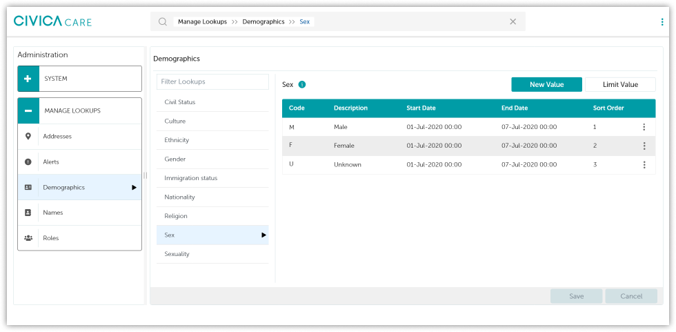 Manage administration lookups screen