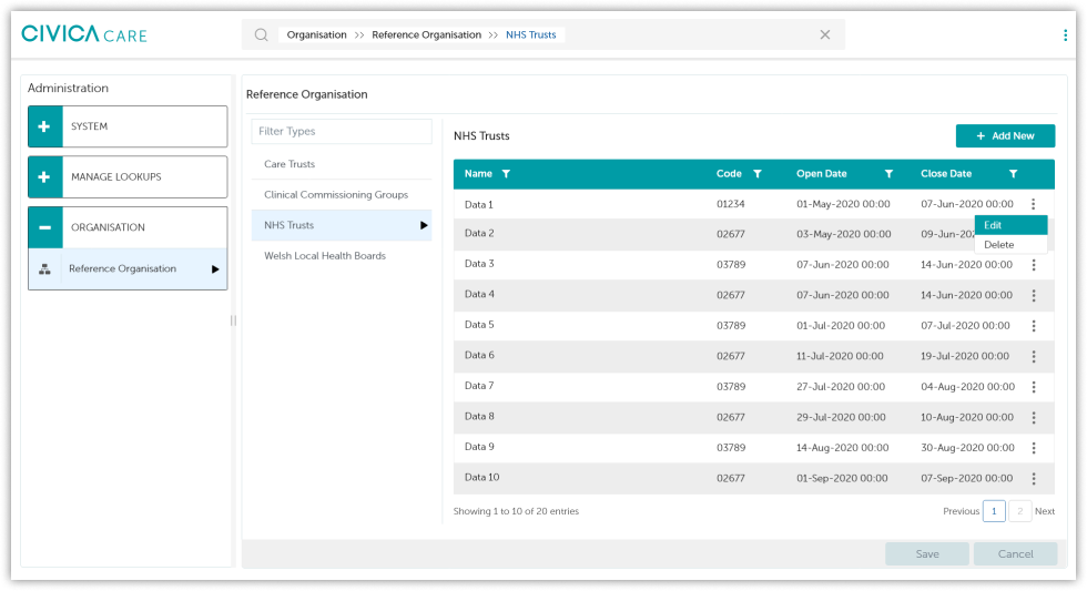 Organization admin screen