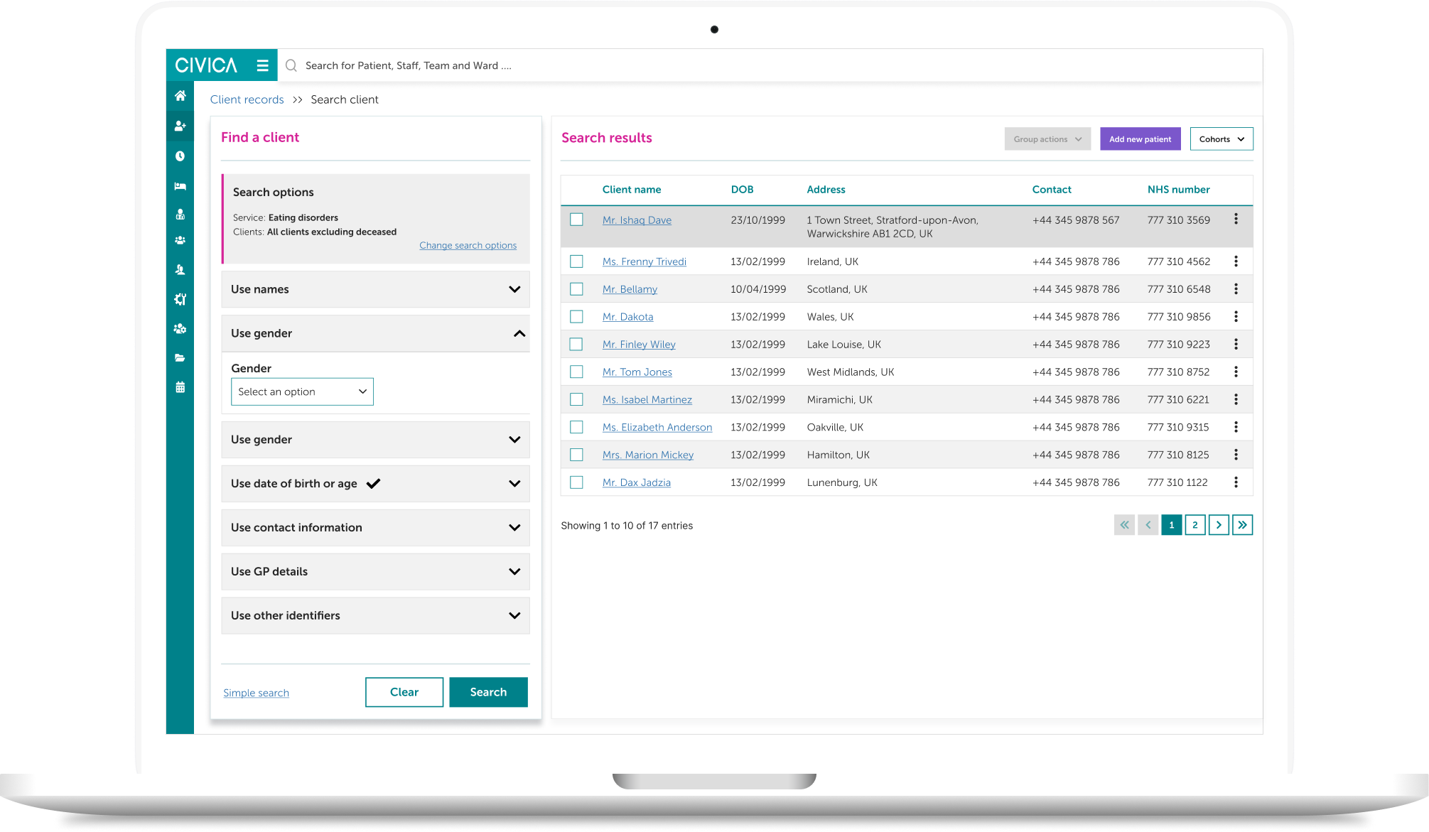 Edison patient search screen shown on a laptop