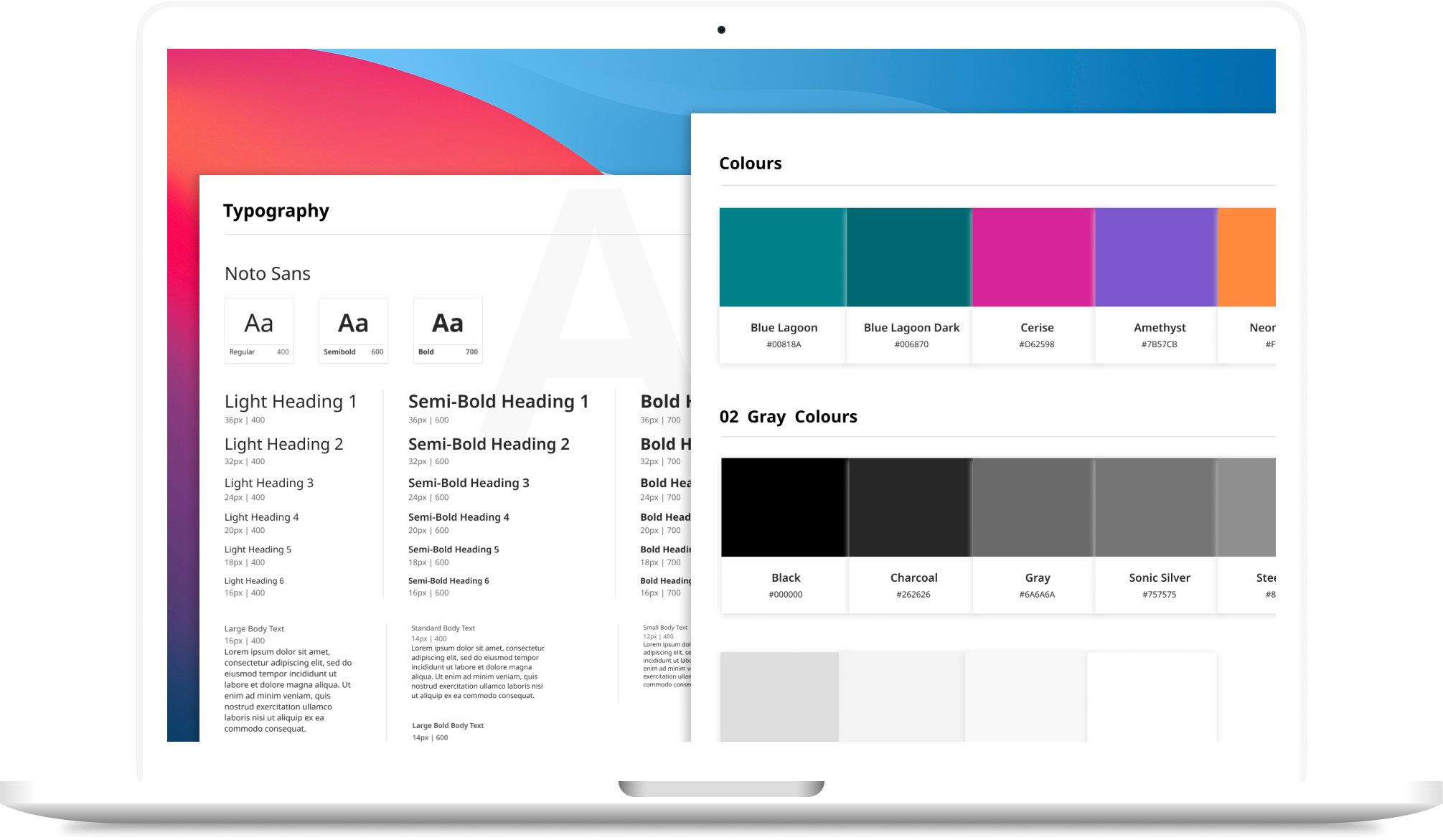 Firefly design system typography and colour tokens shown on a laptop