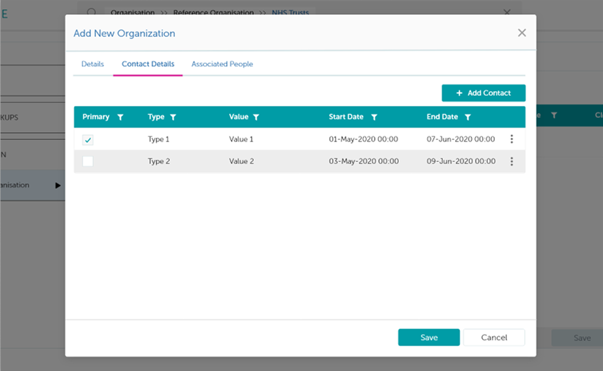 Add new organisation dialog showing the contact details tab with a table of contact records