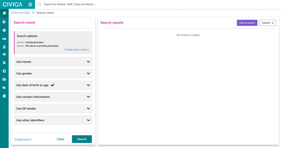 Advanced client search panel with grouped filters, shown before any search criteria are applied