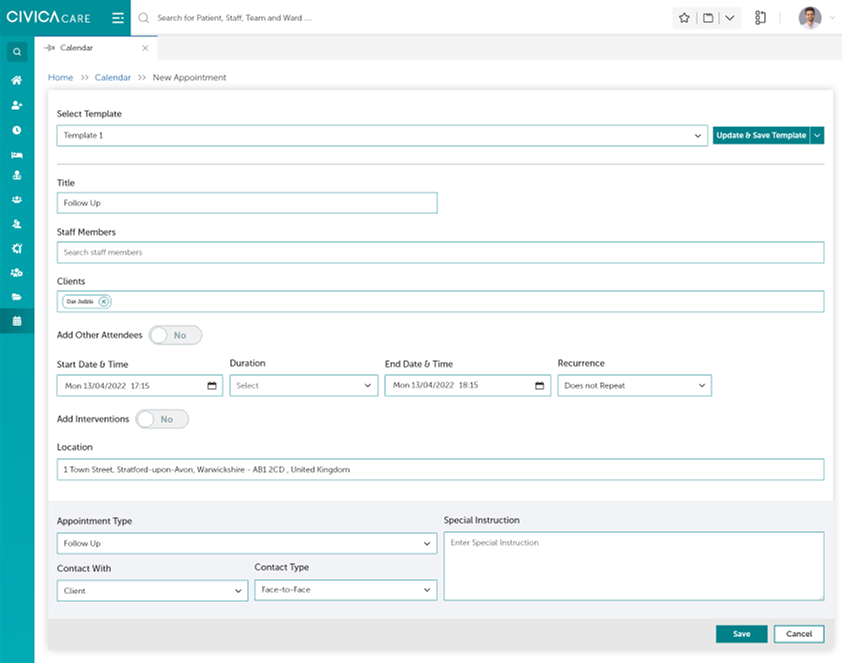 New appointment form with template selection, staff and client fields, timing, location and appointment type