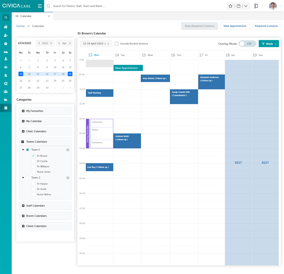 Weekly calendar with clinic, team, staff and room calendar overlays and colour-coded appointments
