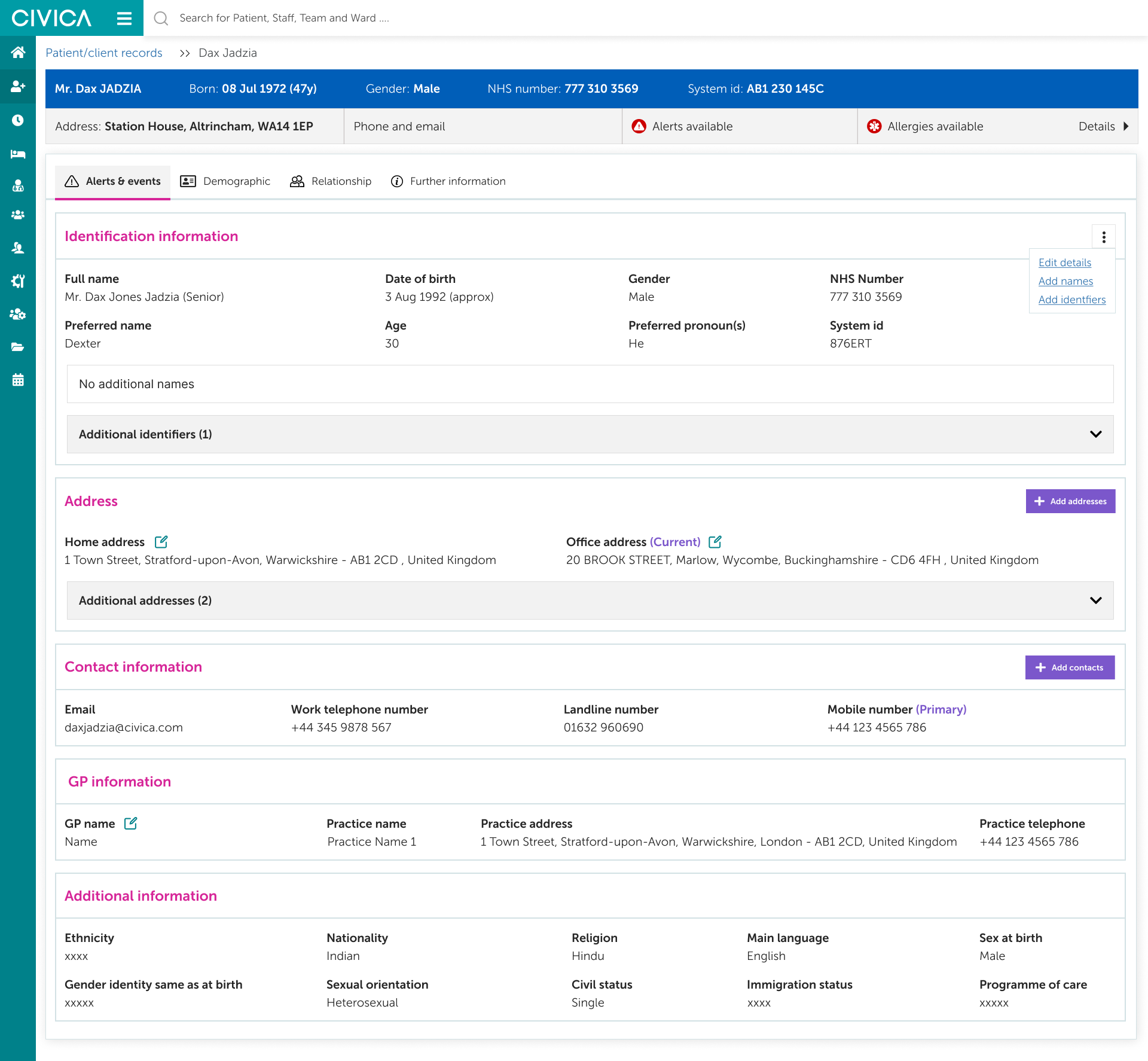 Client record landing page showing identification information and home and office addresses under the Demographic tab