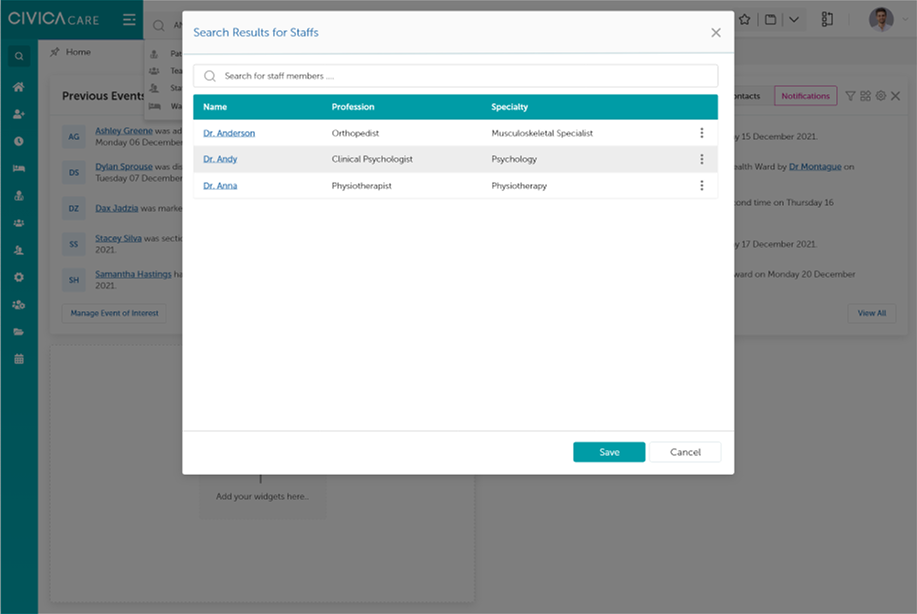 Staff search results dialog opened from the dashboard, listing name, profession and specialty