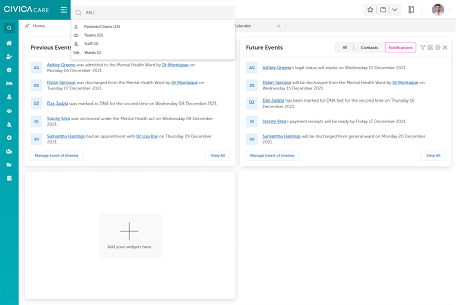 Global search dropdown on the Edison dashboard, grouping results by patients, teams, staff and wards as you type