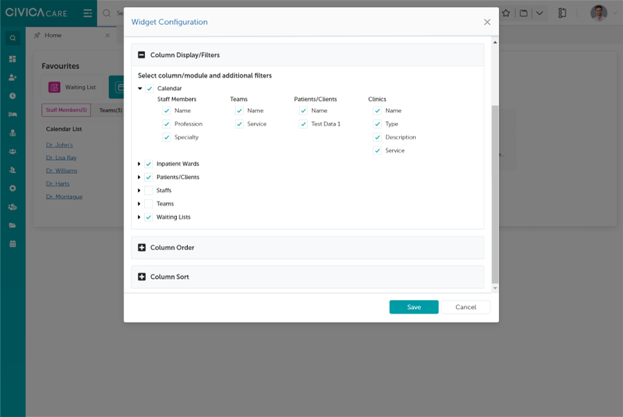 Widget configuration dialog for choosing which columns and modules appear on a dashboard widget