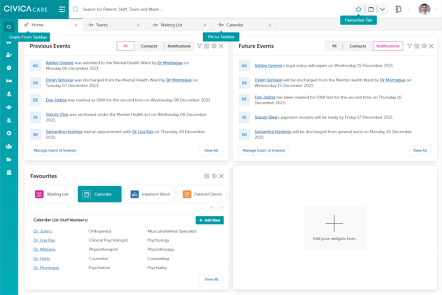 Edison dashboard with tabbed navigation, previous and future events panels, and a configurable widget area