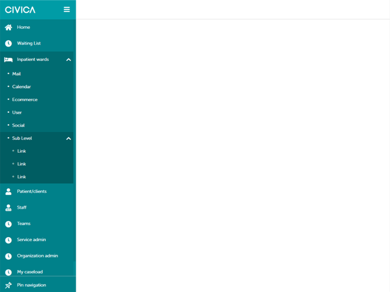 Expanded persistent left navigation showing top-level items and a nested sub-navigation group