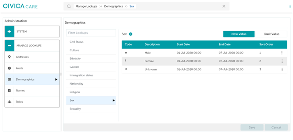 Manage lookups screen for editing reference data, showing the Sex lookup under Demographics