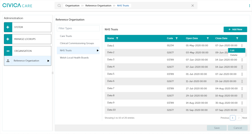 Organisation administration screen listing NHS Trusts with code, open date and close date