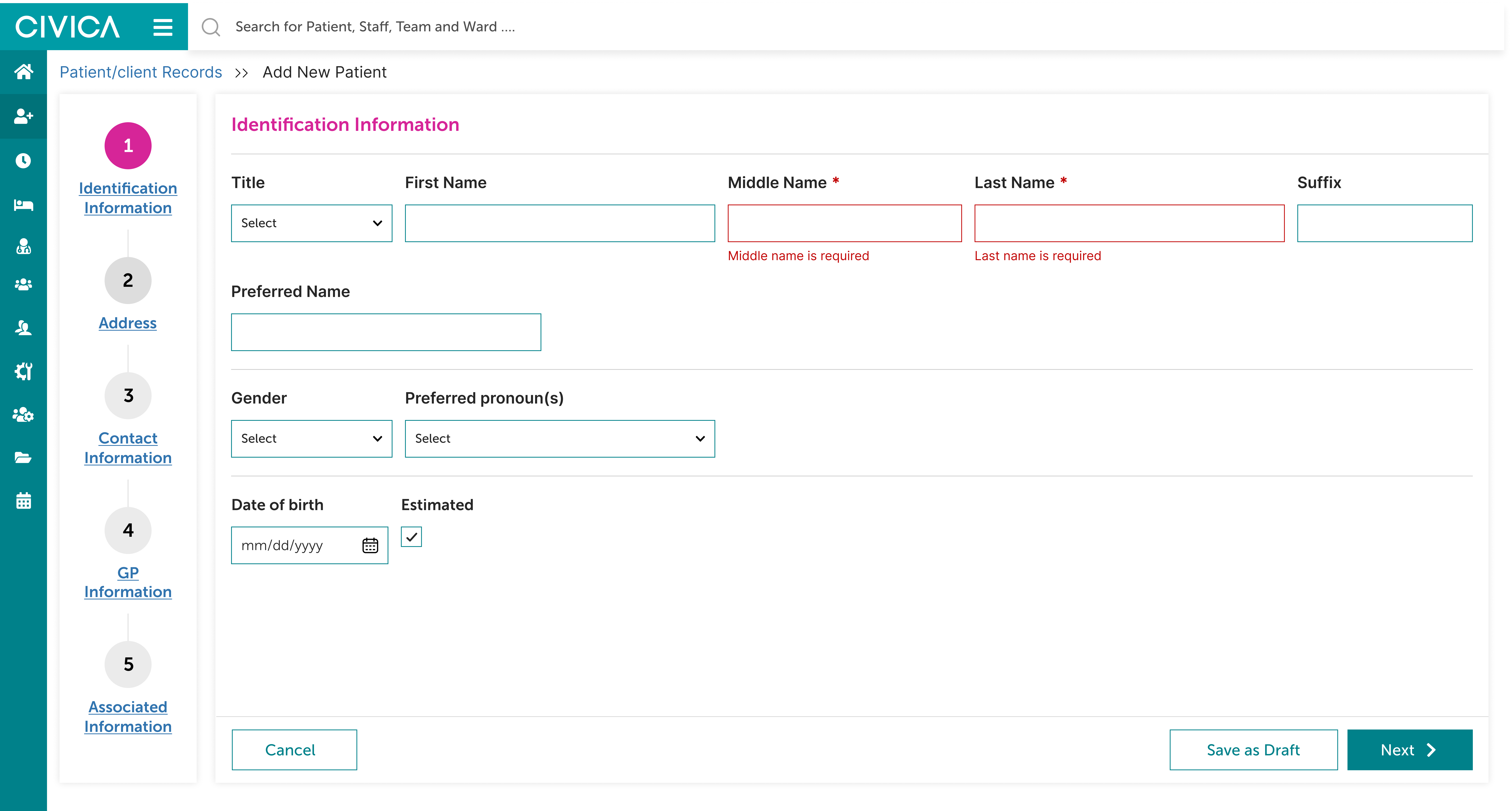 Registration step 1: identification information form with inline validation on required fields