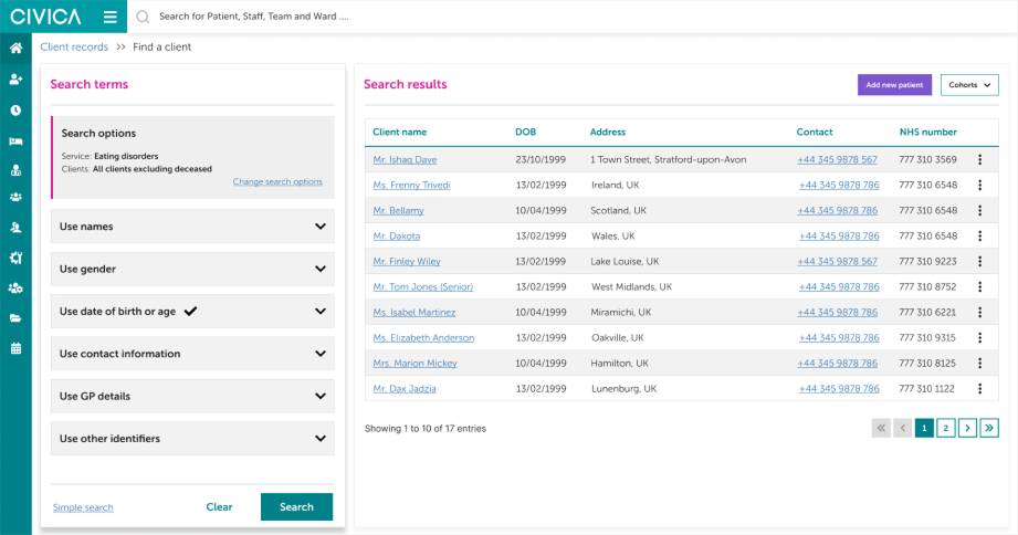 Client search results table listing name, date of birth, address, contact and NHS number, paginated across 17 entries